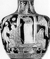 Niobe being turned to stone. Detail from South Italian red-figure clay vase c. mid 4th century BC. Sydney. Nicholson Museum of Antiquities 71.01