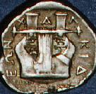 Silver coin minted by the Chalcidian League, about 400 BC.