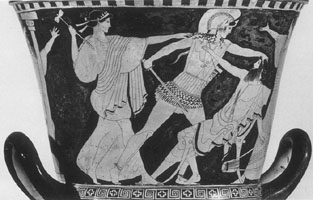Klytaimnestra at the death of Aigisthos. Detail from Athenian red-figure clay vase about 500-450 BC. Boston Museum of Fine Arts 1863.1246.