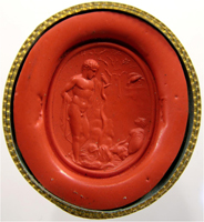 Apollo (possibly) looking down at seated woman